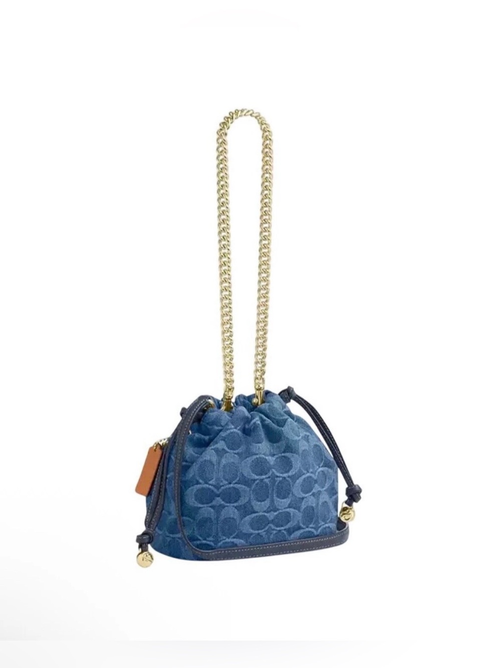 NEW Coach Faye Mini Denim Dual Strap Chain & Leather Drawstring Bucket Bag - Picture 2 of 7